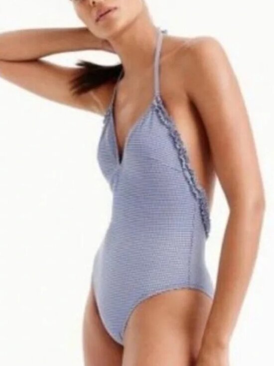 J. Crew Other - J. Crew NEW Blue Ruffle Halter Gingham One-Piece Swimsuit Women's 14